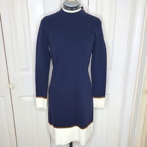 Ann Taylor Mock Neck Sweater Dress Size SP Colorblock Navy Blue Cream NWT